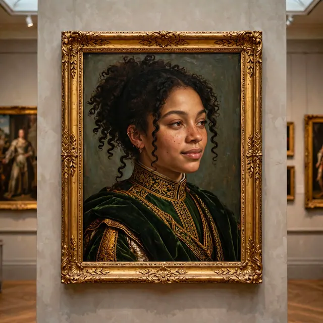 Renaissance-style portrait painting of a person in a gilded frame