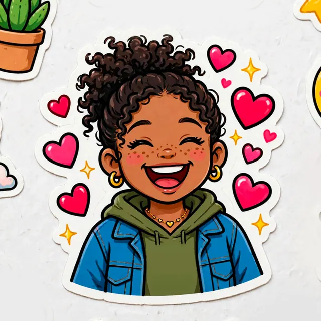 Cartoon sticker of a person with hearts around them