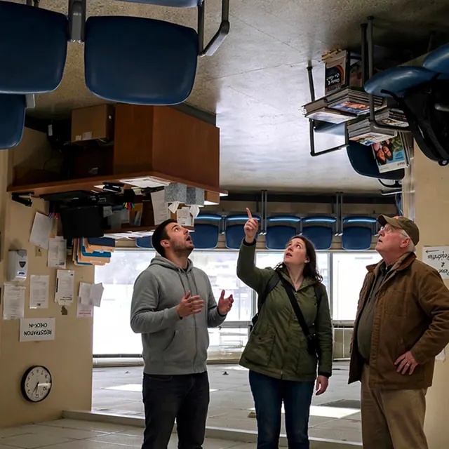 Three people standing right-side-up in a flipped upside-down landscape