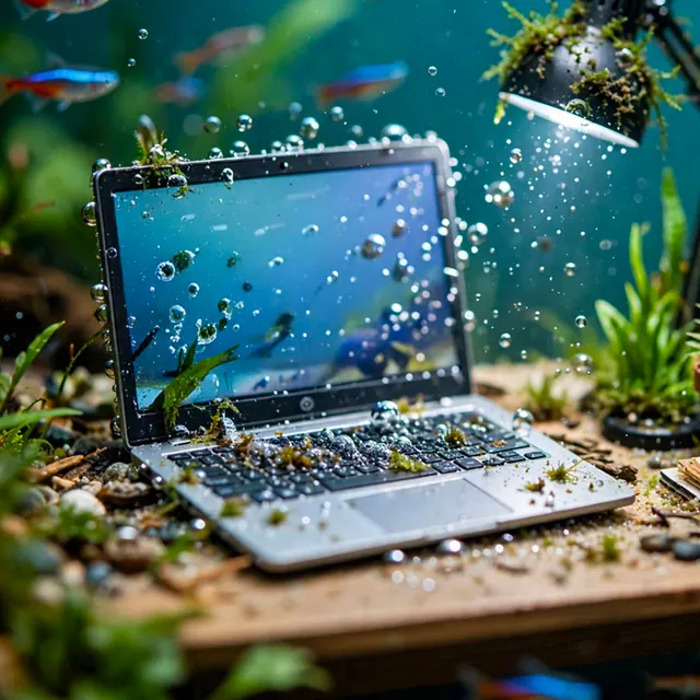 Desk and laptop inside a fish tank with fish swimming around