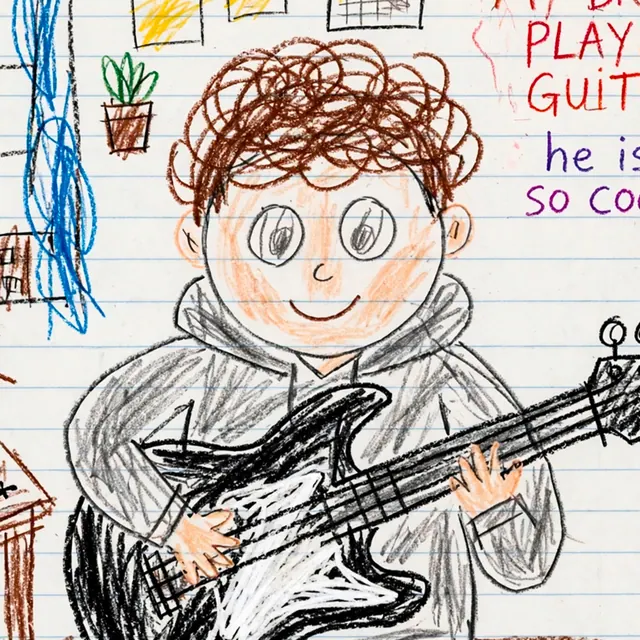 Crayon drawing of a person on lined school paper in a child's style