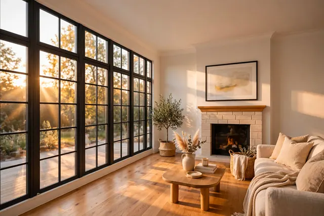 Photorealistic Scandinavian interior with oak floors and linen sofa